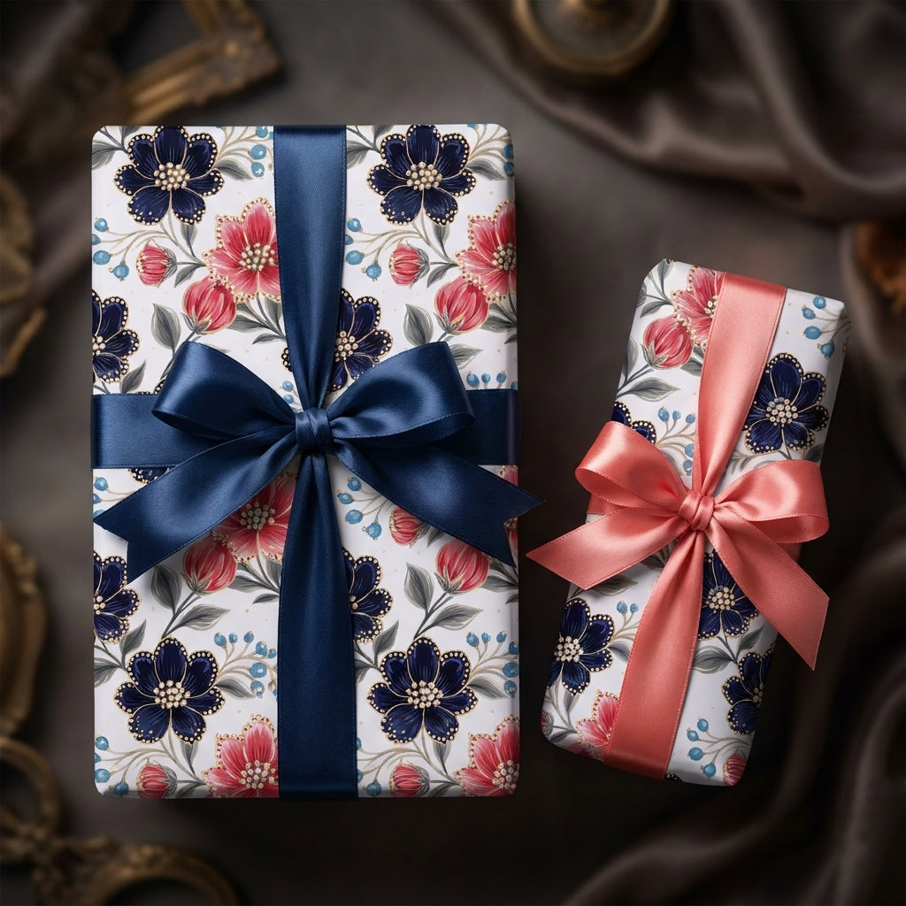 Elegant floral wrapping paper with navy and pink satin bows on luxury gift boxes by Wrapped Studios.