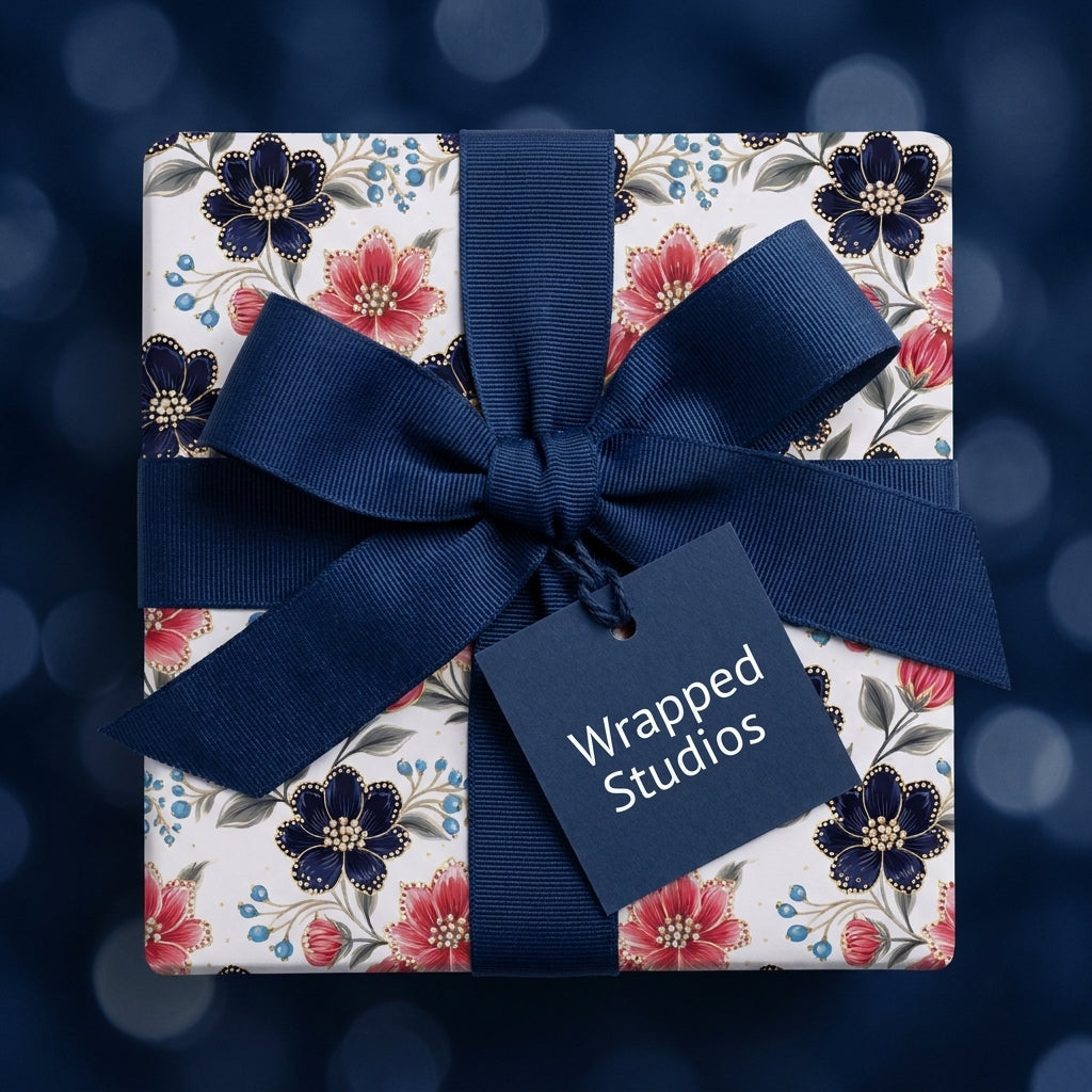 Luxury navy and pink floral wrapping paper with a dark blue ribbon bow and gift tag by Wrapped Studios.