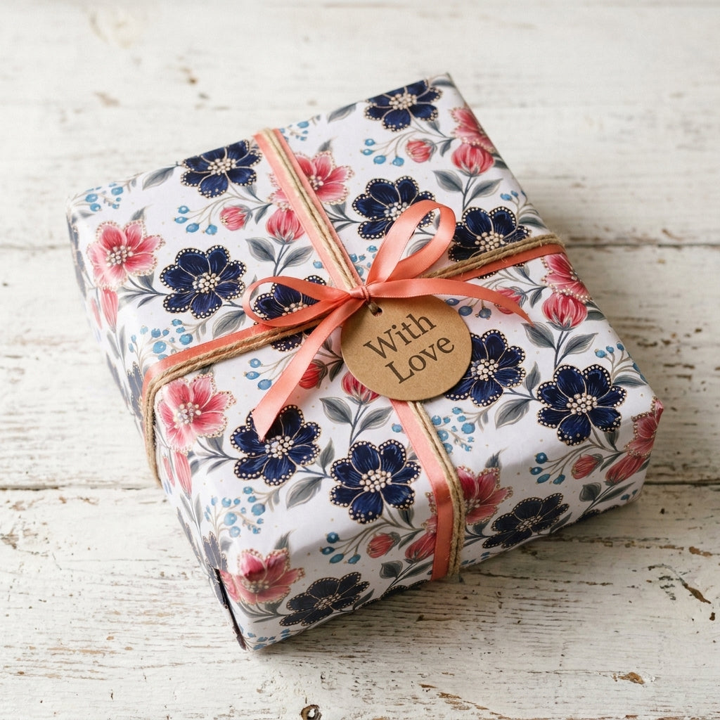 Luxury floral wrapping paper with navy and pink flowers, coral ribbon, and gift tag by Wrapped Studios.