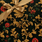 Elegant gift wrapped in dark green floral wrapping paper with a gold satin ribbon.