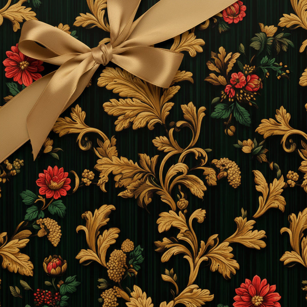 Elegant gift wrapped in dark green floral wrapping paper with a gold satin ribbon.
