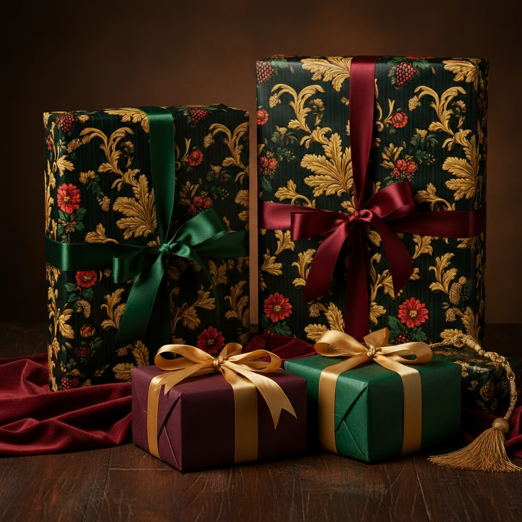 Elegant floral wrapping paper in dark green and gold with ribbon bows, perfect for luxury gift wrap.