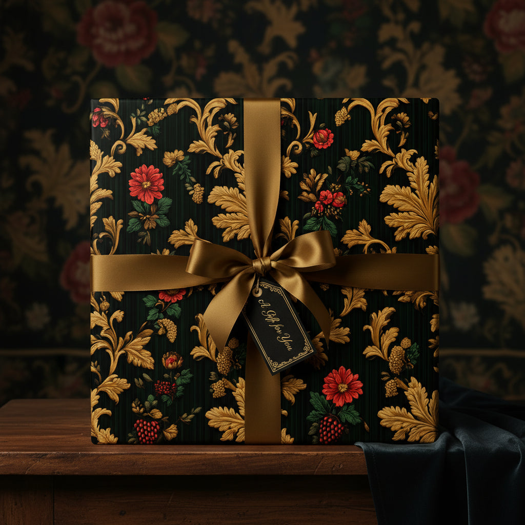Elegant gift wrapped in floral wrapping paper with a gold satin ribbon and "A Gift for You" tag.