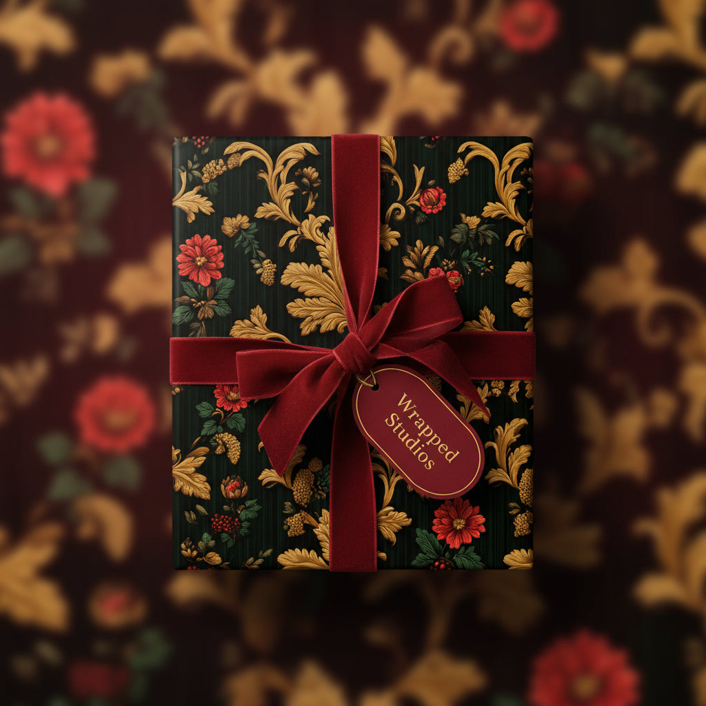 Elegant gift wrapped in floral wrapping paper with gold accents and a burgundy velvet ribbon.
