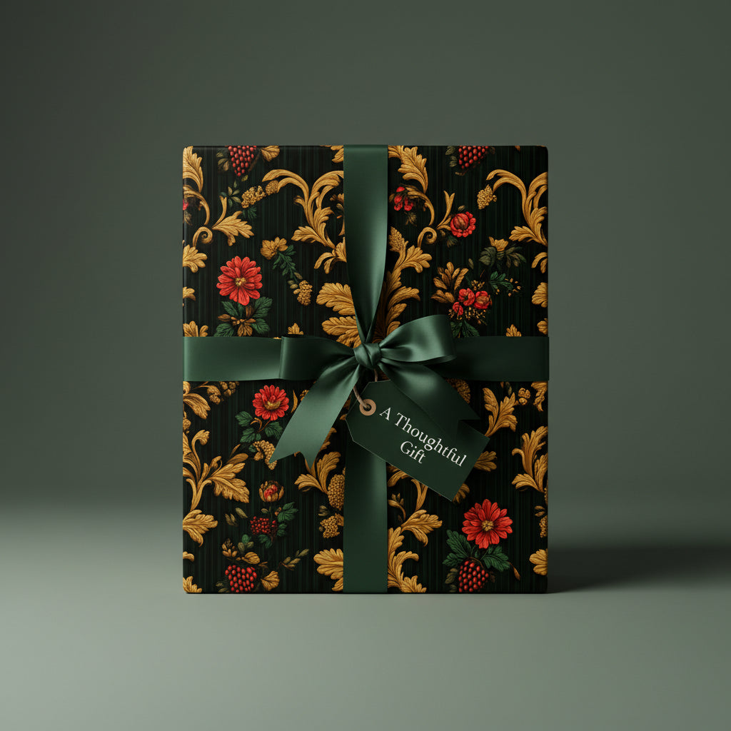 Elegant gift wrapped in black floral wrapping paper with green ribbon and "Thoughtful Gift" tag.