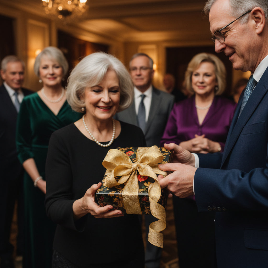Woman receiving gift wrapped in floral wrapping paper with gold ribbon at formal event.