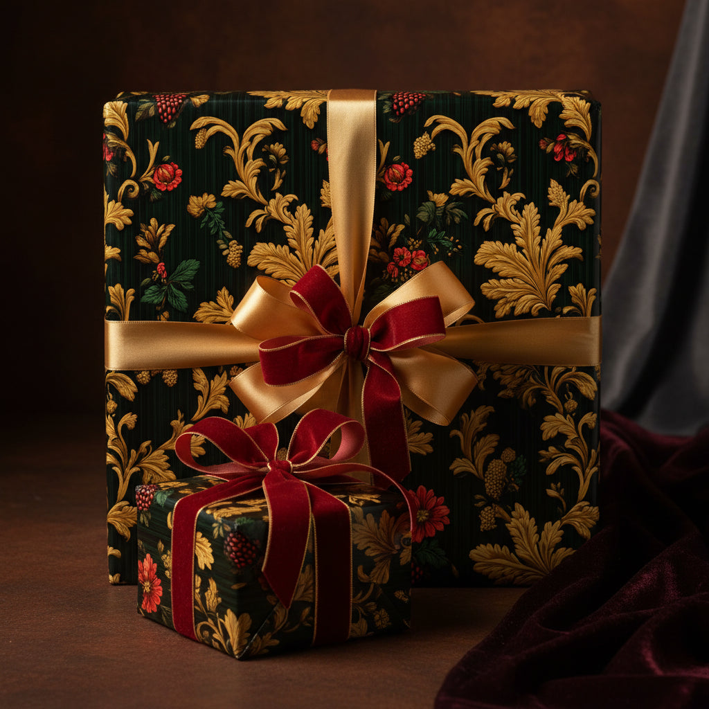 Elegant gift boxes wrapped in floral luxury gift wrap with gold ribbons and red velvet bows.