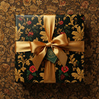 Elegant gift wrapped in floral pattern wrapping paper with a gold satin bow.