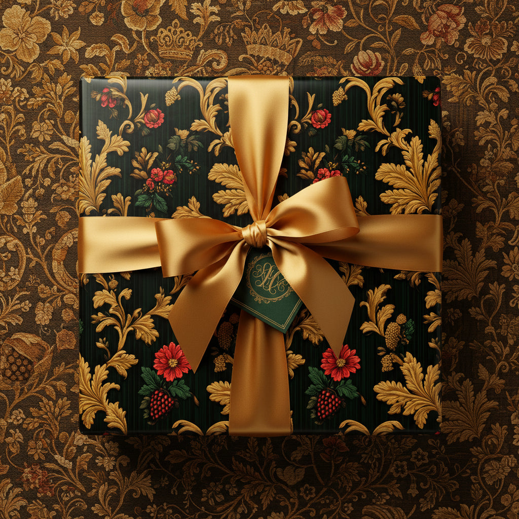 Elegant gift wrapped in floral pattern wrapping paper with a gold satin bow.