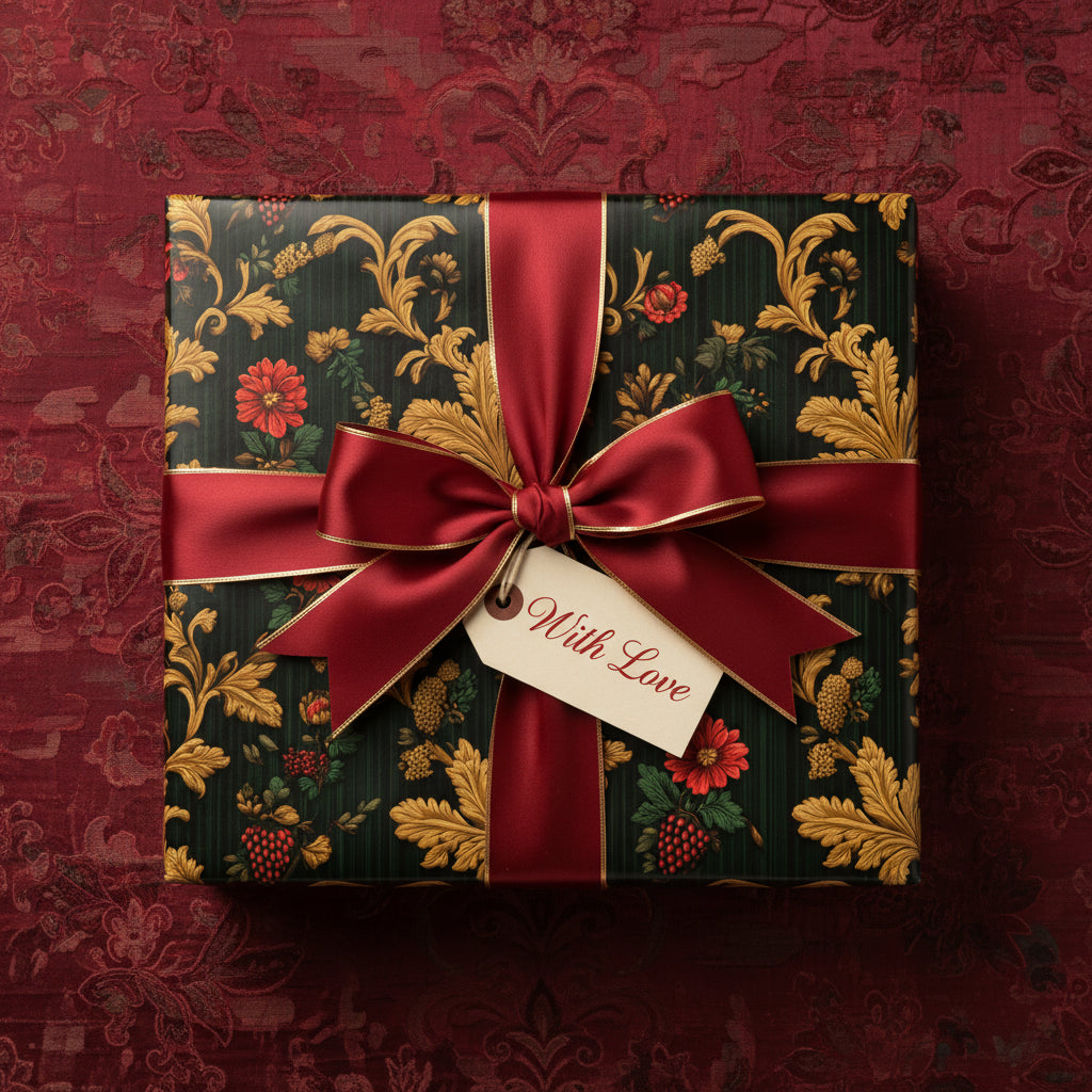 Elegant gift wrapped in dark floral wrapping paper with a red satin ribbon and "With Love" tag.