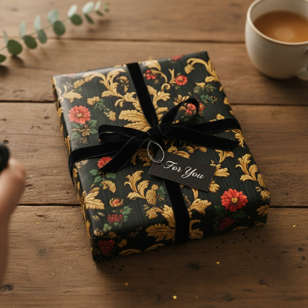 Elegant floral wrapping paper on a present with black velvet ribbon and a "For You" gift tag.