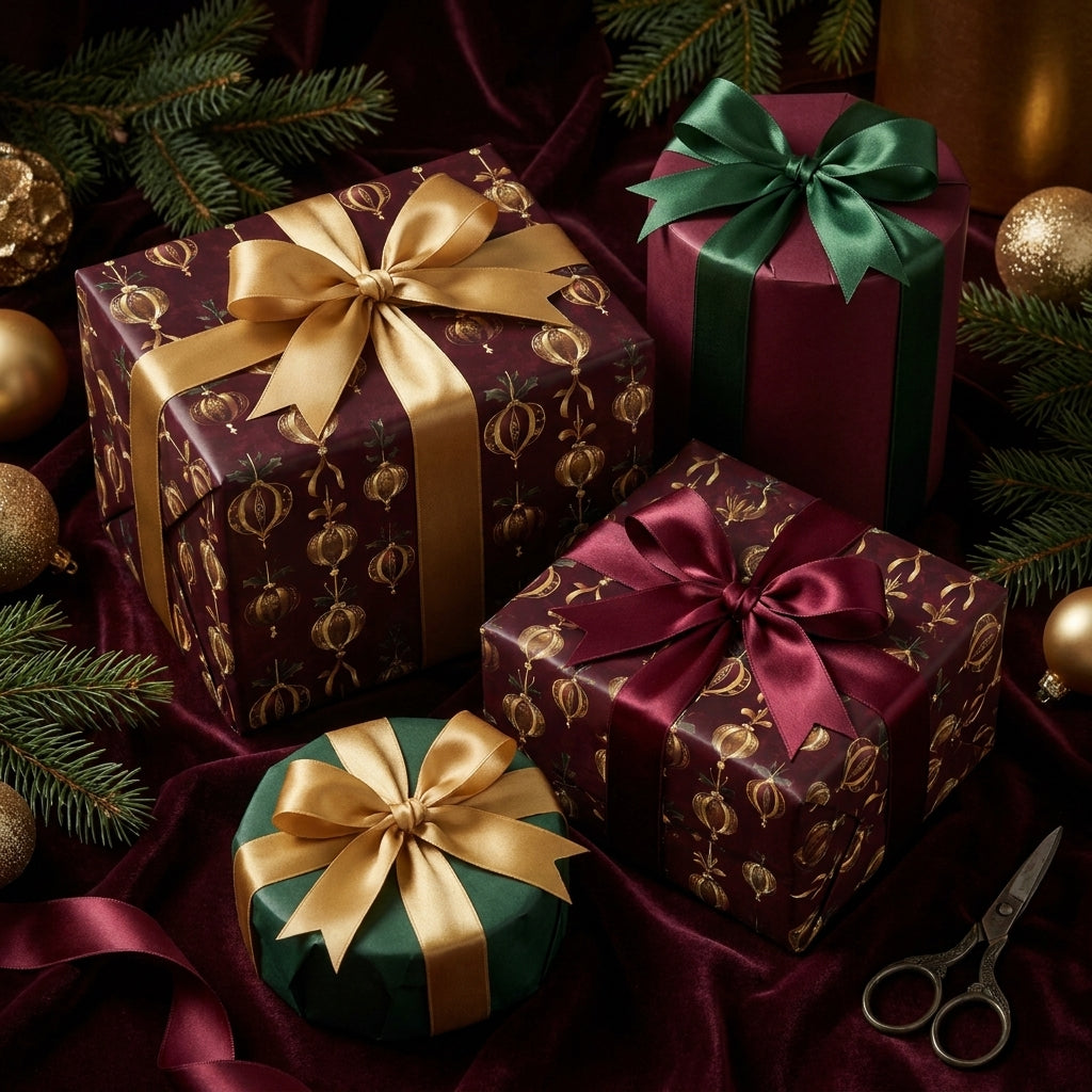 Burgundy and gold luxury Christmas wrapping paper with elegant satin ribbons by Wrapped Studios.