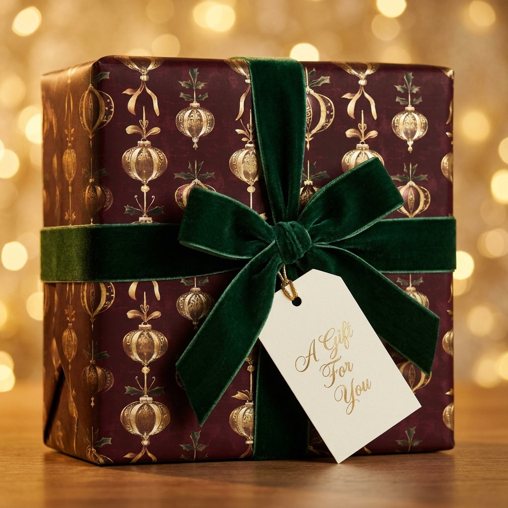 Elegant burgundy holiday gift wrap with gold ornament patterns and green velvet bow by Wrapped Studios.