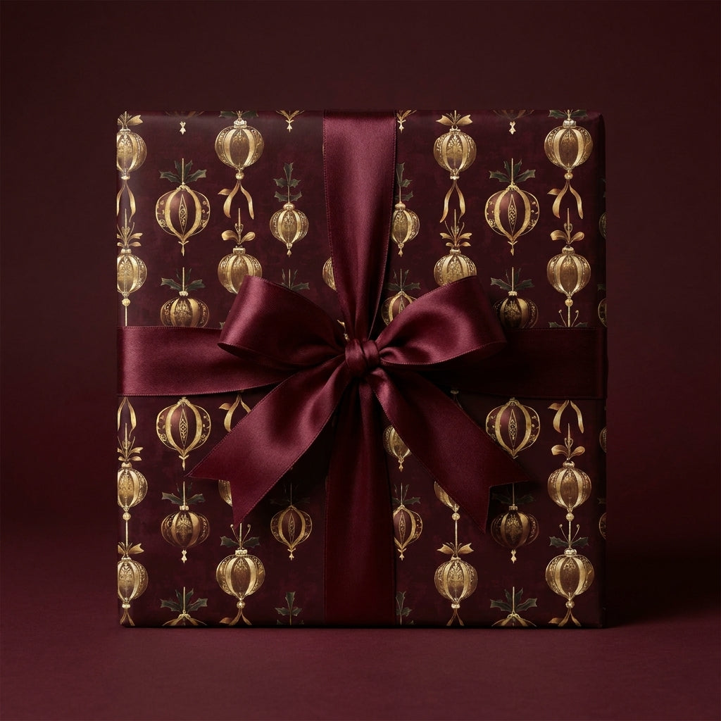 Luxury burgundy Christmas wrapping paper with gold ornament pattern and satin ribbon bow by Wrapped Studios.