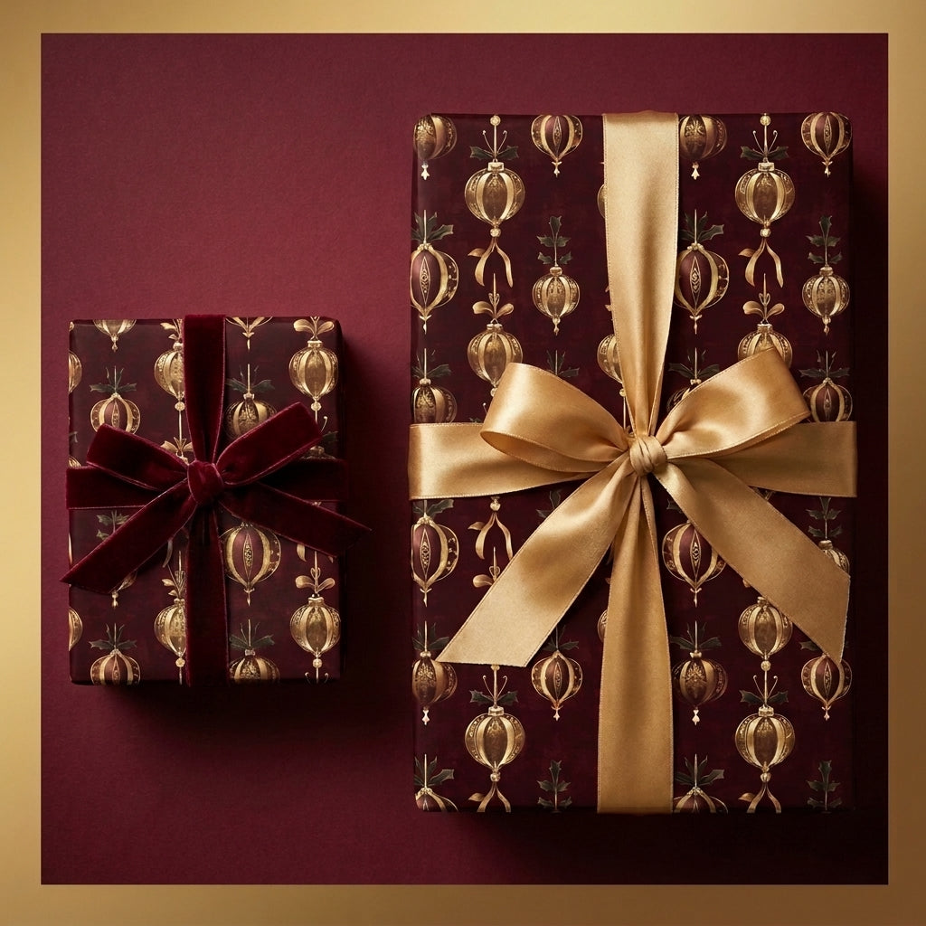 Luxury burgundy and gold ornament Christmas wrapping paper with elegant bows by Wrapped Studios.