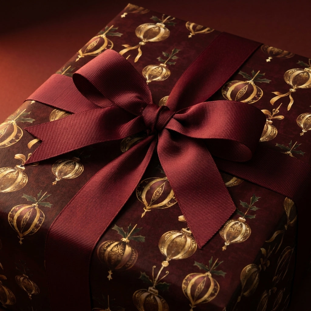 Luxury Christmas gift wrap with gold ornament pattern and burgundy ribbon by Wrapped Studios.