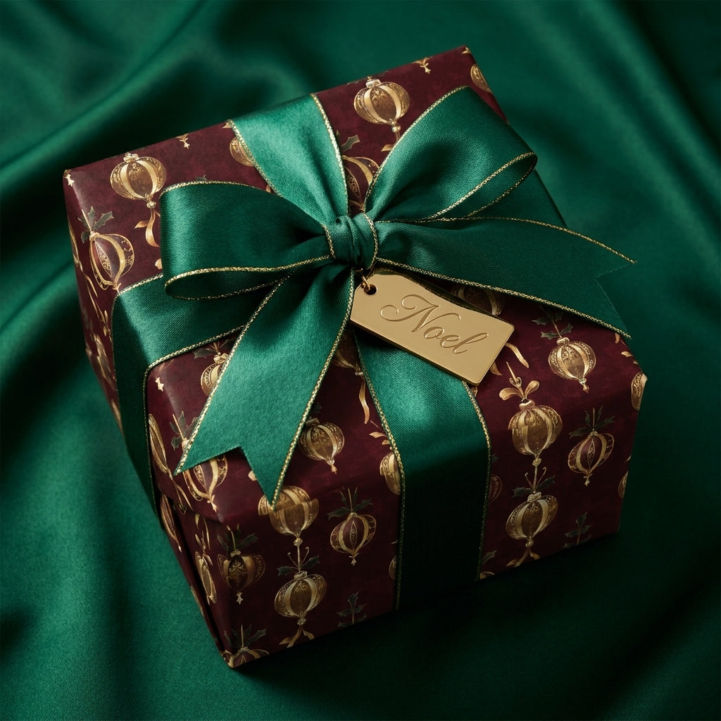 Luxury burgundy and gold Christmas wrapping paper with emerald green bow by Wrapped Studios.