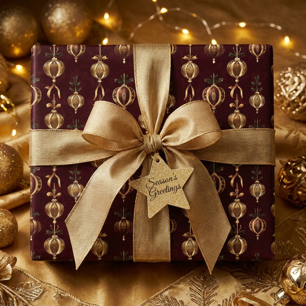 Luxury burgundy and gold Christmas wrapping paper with an elegant ribbon bow by Wrapped Studios.