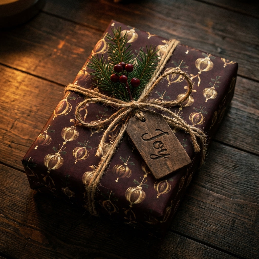 Luxury Christmas wrapping paper in burgundy with gold ornaments and rustic twine bow, by Wrapped Studios.