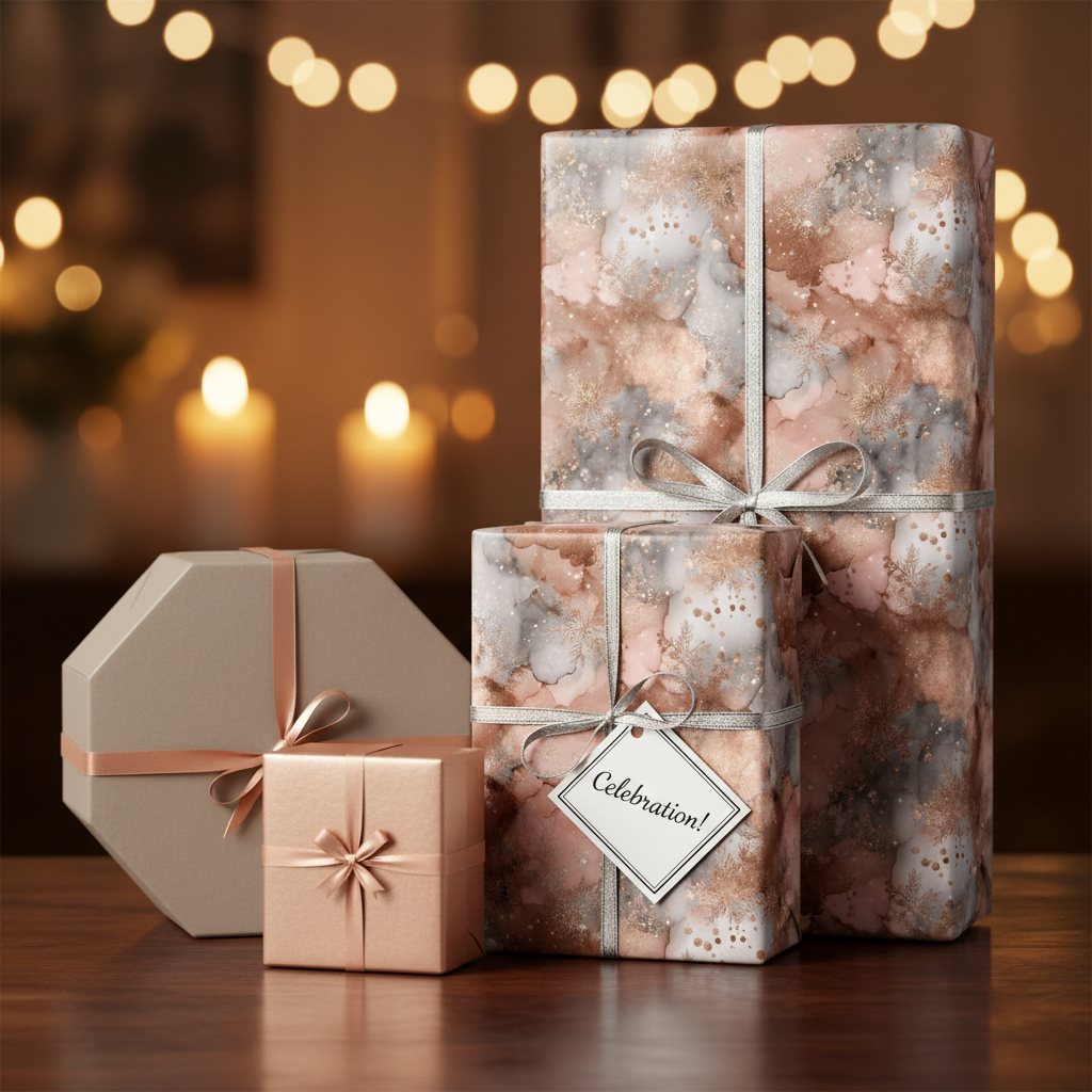 Elegant rose gold and gray abstract luxury wrapping paper with silver ribbon, perfect for celebrations or Christmas gifts.