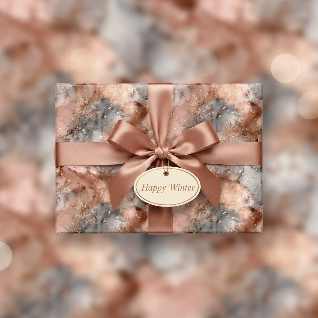 Elegant rose gold and gray abstract winter wonderland wrapping paper with a satin ribbon and "Happy Winter" gift tag, perfect for luxury holiday gifts.