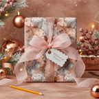 Luxury rose gold and gray abstract Christmas wrapping paper with a sheer pink ribbon and elegant gift tag, perfect for holiday gifts.