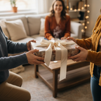 Luxury gold and white floral wrapping paper gift exchange with a cream satin bow, perfect for a special occasion.