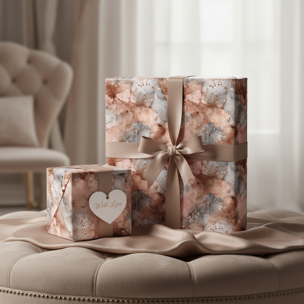 Elegant abstract watercolor wrapping paper with rose gold and grey marbling, tied with a satin ribbon and "With Love" tag, perfect for luxury gifts.