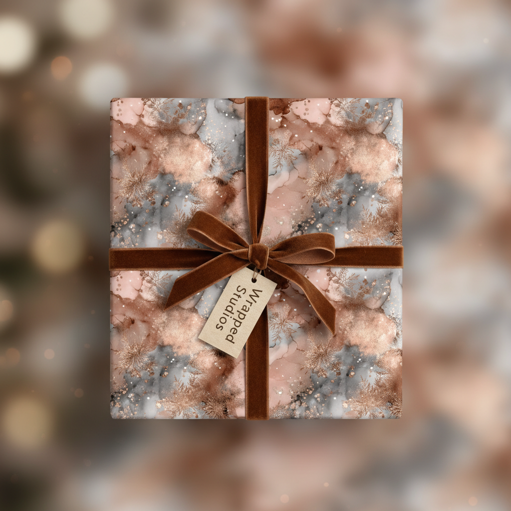 Elegant rose gold and gray abstract luxury wrapping paper with gold snowflake accents, tied with a velvet brown ribbon and gift tag, perfect for Christmas or winter holidays.