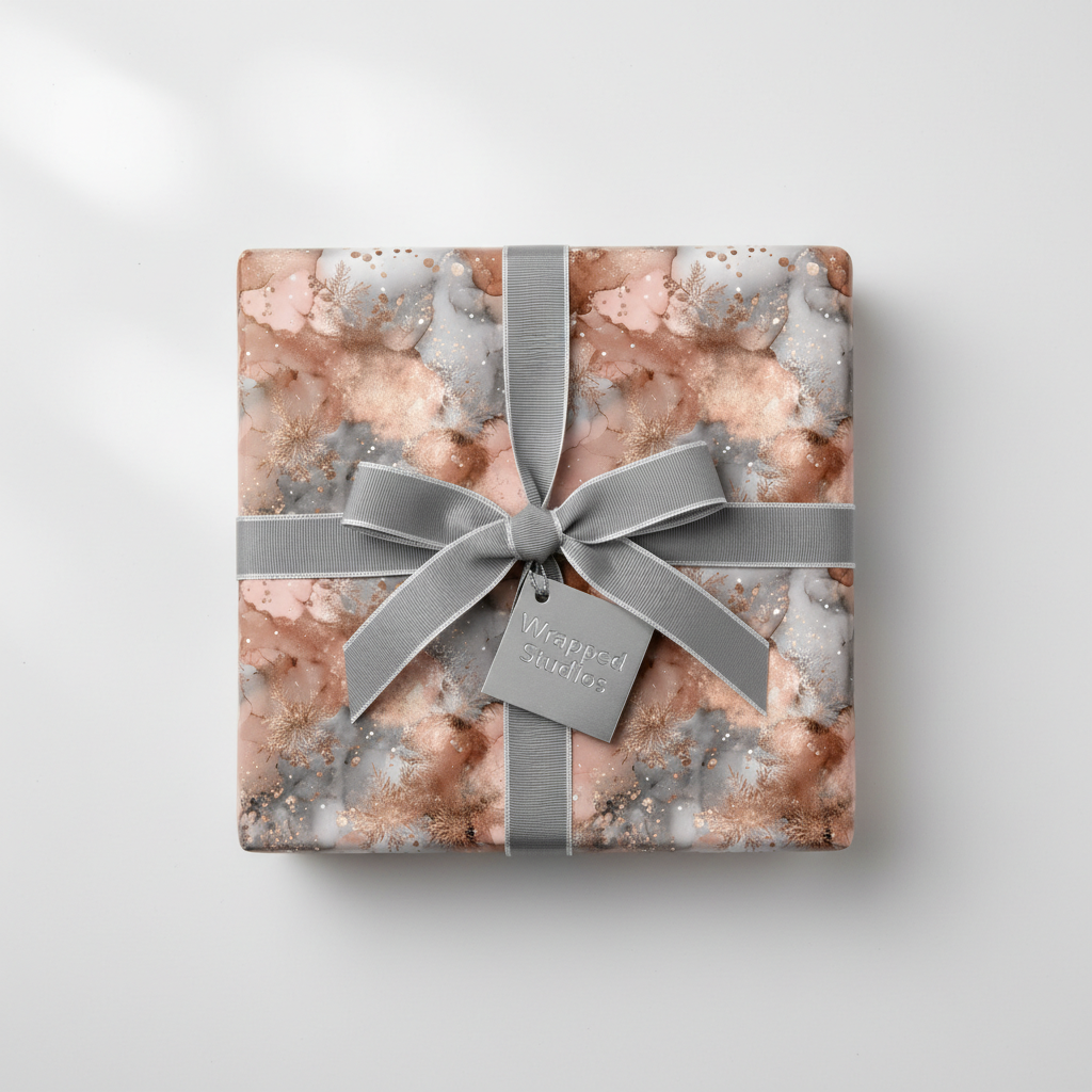 Luxury Christmas gift wrap with a rose gold and gray abstract pattern, delicate snowflakes, and a gray ribbon with a "Wrapped Studios" tag.