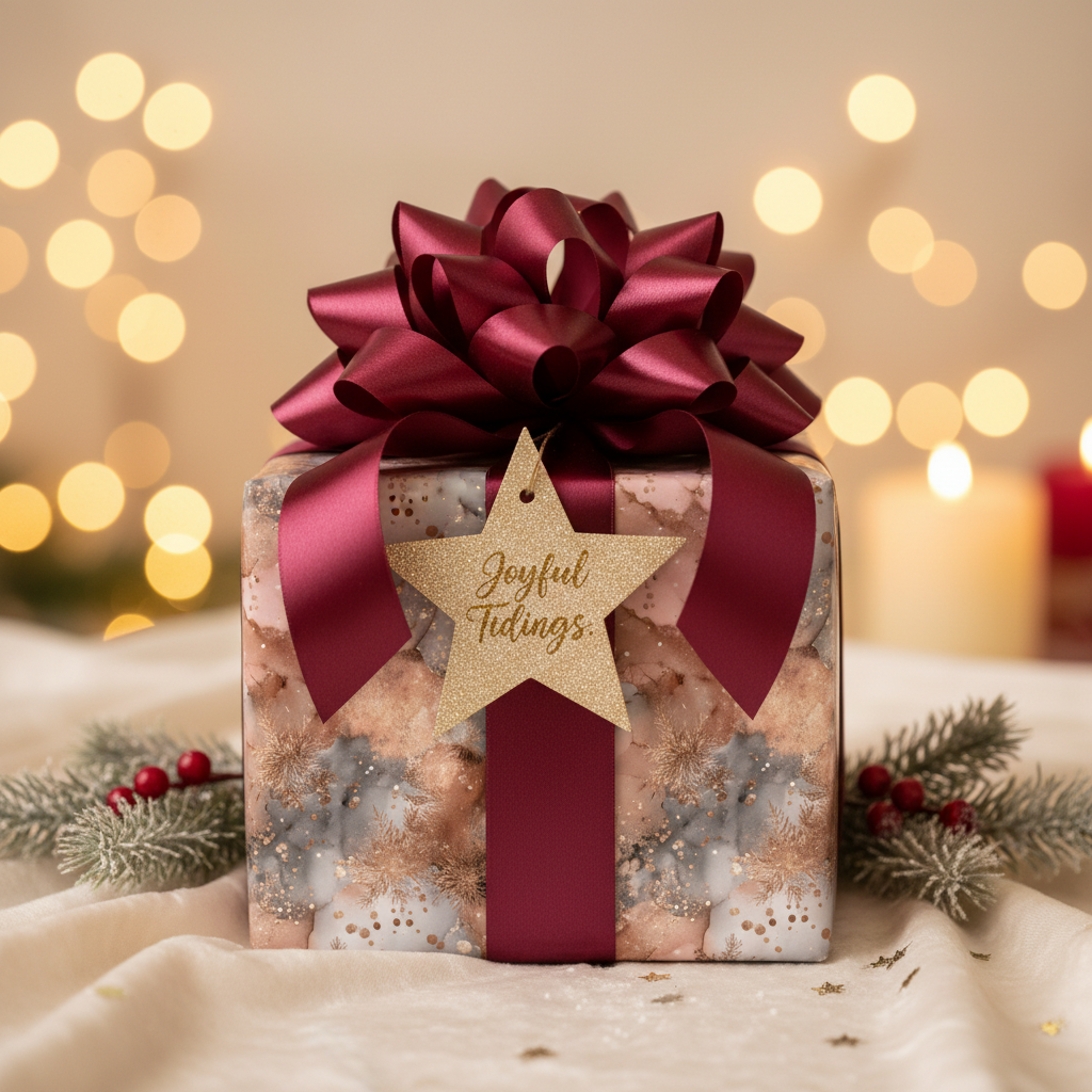Luxury Christmas gift wrap with a rose gold and gray abstract pattern, deep burgundy ribbon, and "Joyful Tidings" star tag, set against festive bokeh lights.