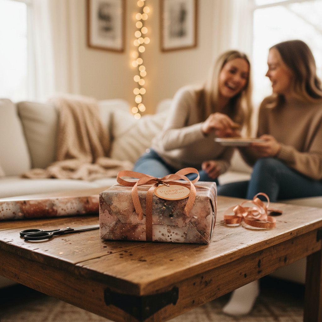 Luxury rose gold abstract wrapping paper with a ribbon and tag on a rustic wooden table, with two women chatting in the background.