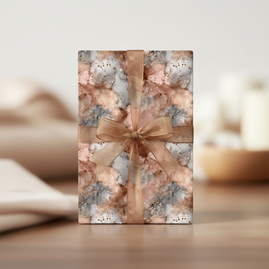 Elegant rose gold and gray abstract luxury wrapping paper with gold ribbon, ideal for chic holiday or wedding gifts.