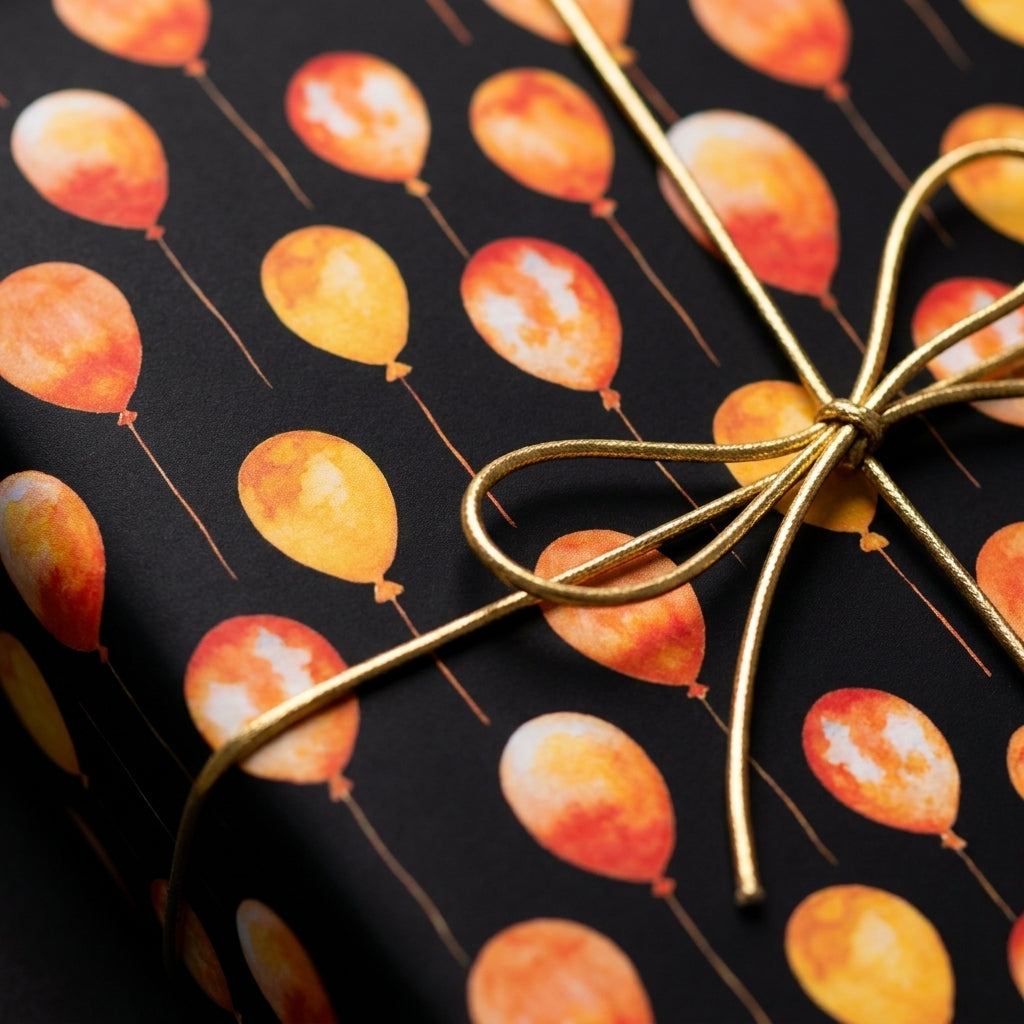 Elegant birthday wrapping paper with orange watercolor balloons on black, tied with a gold bow by Wrapped Studios.