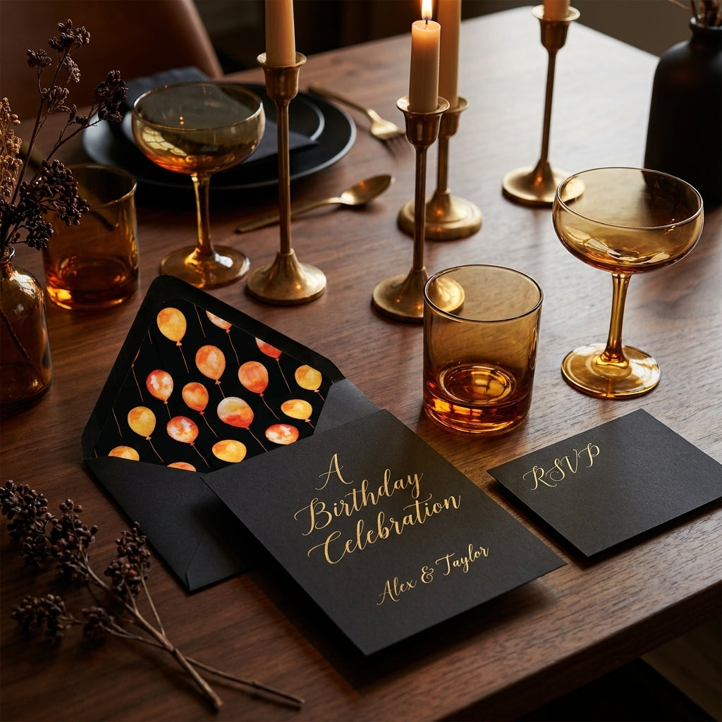 Elegant black and gold birthday invitation with balloon envelope liner by Wrapped Studios.