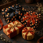 Luxury balloon wrapping paper in black and orange with velvet ribbons, by Wrapped Studios.