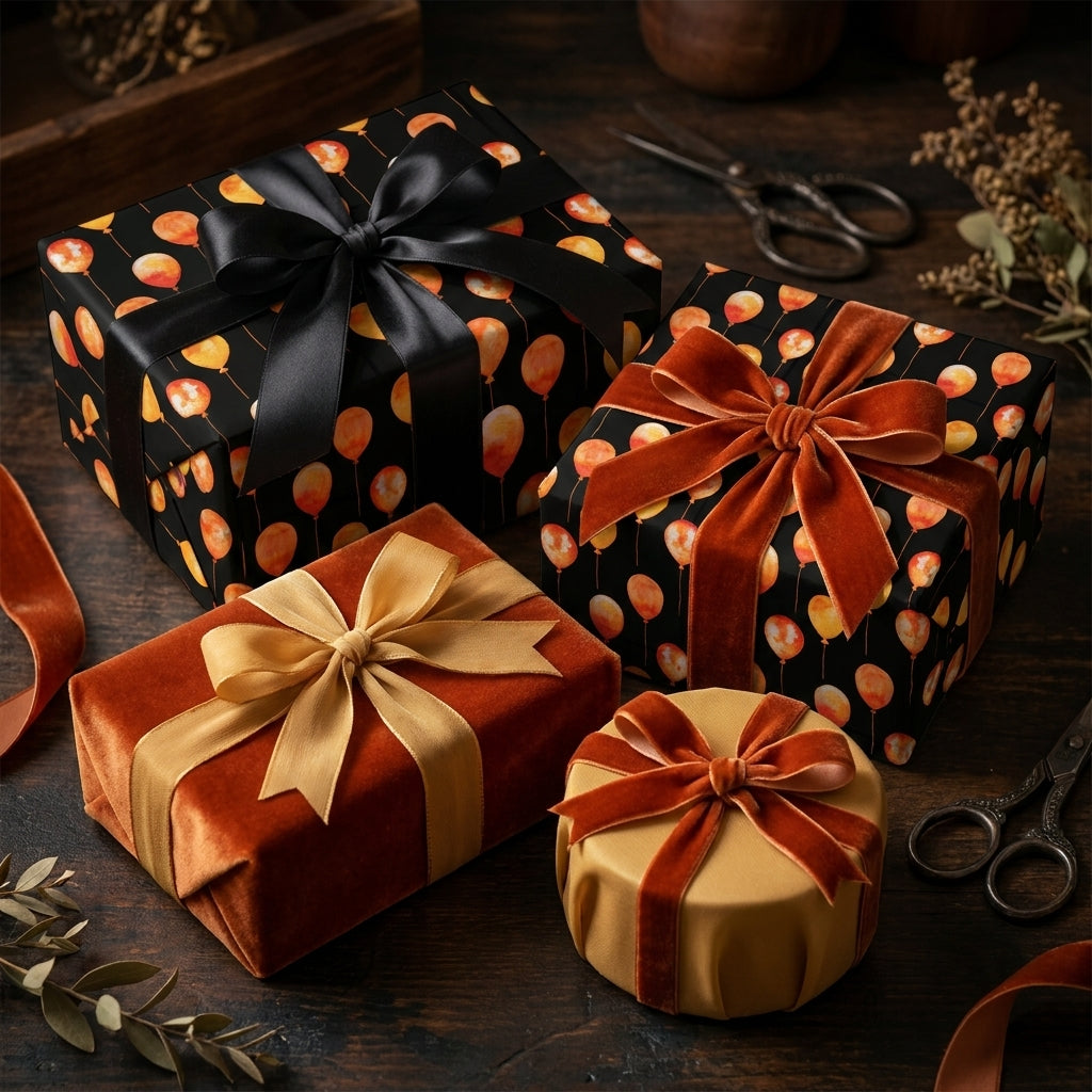 Luxury balloon wrapping paper in black and orange with velvet ribbons, by Wrapped Studios.