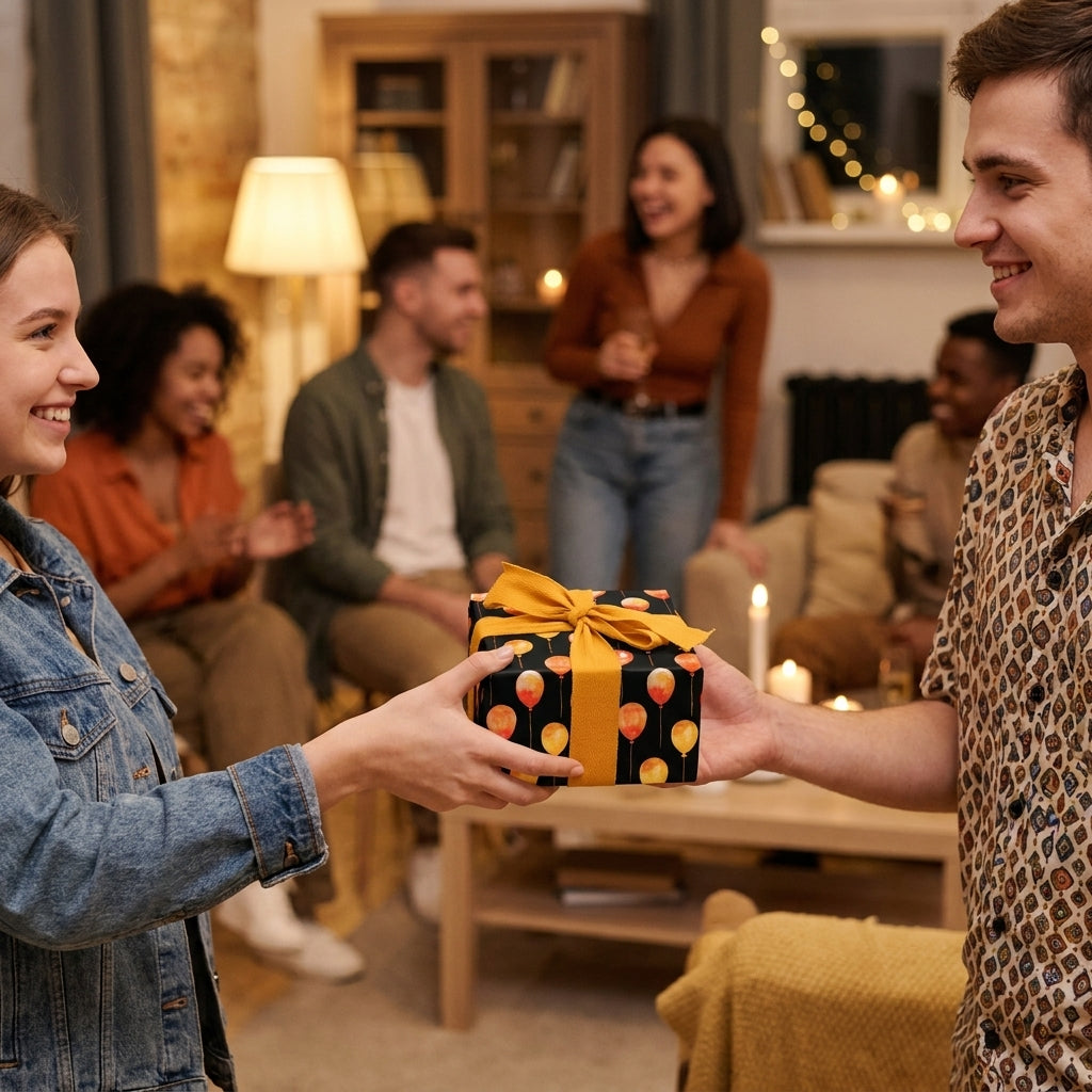 Woman giving a birthday gift in black balloon wrapping paper with yellow ribbon at a party. Wrapped Studios.