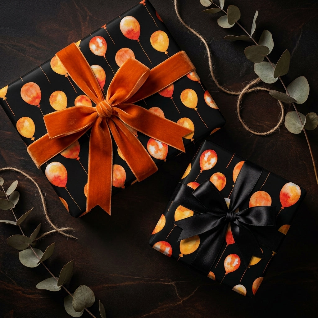 Black balloon birthday wrapping paper with luxury velvet ribbon on gifts by Wrapped Studios.