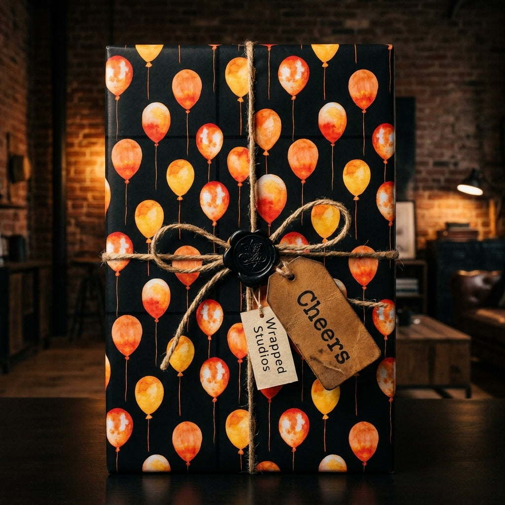 Black watercolor balloon birthday wrapping paper with rustic twine bow, by Wrapped Studios.