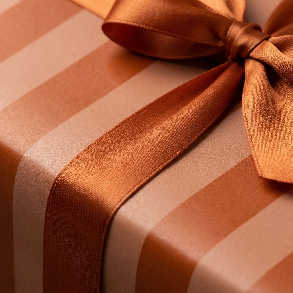Luxury copper striped wrapping paper with a matching satin ribbon bow by Wrapped Studios.