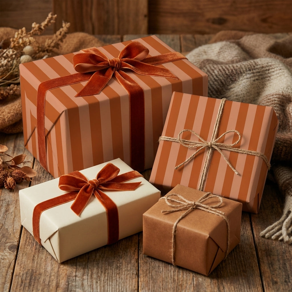 Terracotta striped wrapping paper with velvet ribbon on rustic holiday gift boxes by Wrapped Studios.