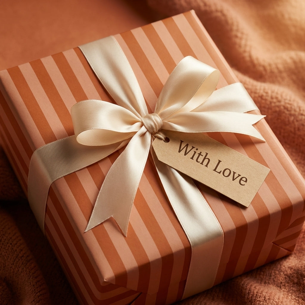 Terracotta striped luxury gift wrap with cream satin ribbon and 'With Love' tag by Wrapped Studios.