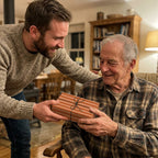 Son giving his father a gift wrapped in rustic striped wrapping paper by Wrapped Studios.