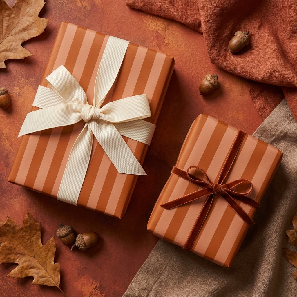Terracotta striped wrapping paper with cream and velvet ribbon bows, autumn gift wrap by Wrapped Studios.