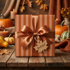 Thanksgiving striped wrapping paper with copper ribbon and 'Grateful' tag by Wrapped Studios.