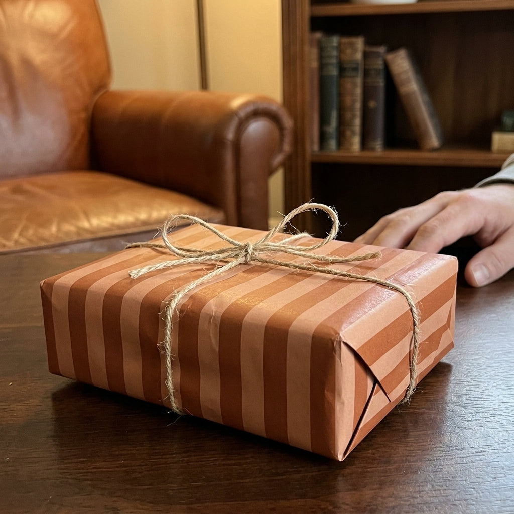 Rustic brown striped wrapping paper with a twine bow on a gift box, by Wrapped Studios.