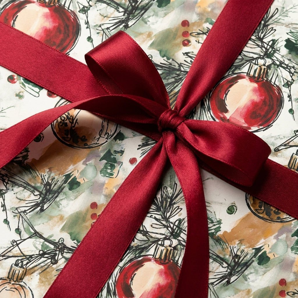 Elegant watercolor Christmas wrapping paper with red ornaments and satin bow by Wrapped Studios.