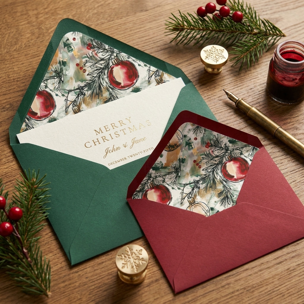 Luxury Christmas cards in green and red envelopes with watercolor ornament liners by Wrapped Studios.