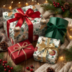 Luxury Christmas wrapping paper with watercolor ornaments and elegant ribbons by Wrapped Studios.